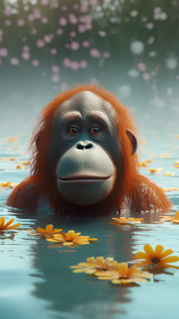 Orangutan in the water with flowers. 3d illustration.の素材