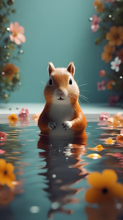 Squirrel in the water with flowers. 3d render illustration.の素材