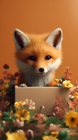 Cute fox with a box of flowers, 3d rendering.の素材