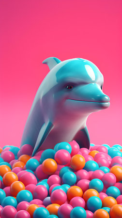 Dolphin swimming in the pool full of colorful candies. 3d illustrationの素材