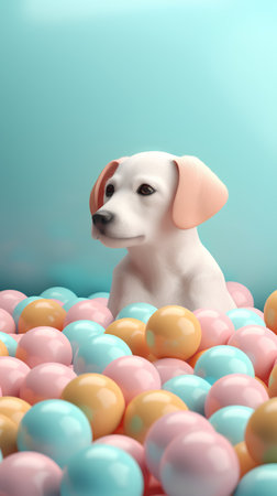 3d rendering of a white labrador retriever puppy in a pile of colorful Easter eggsの素材