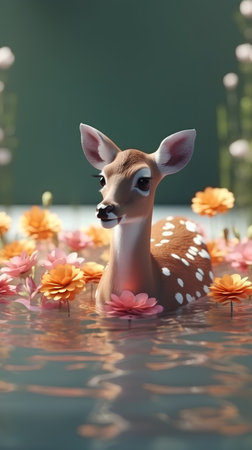 deer with flowers in the pool on green background, 3d renderの素材