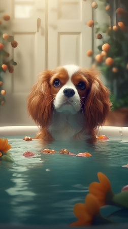 Cavalier King Charles Spaniel in a bath with flowers.の素材