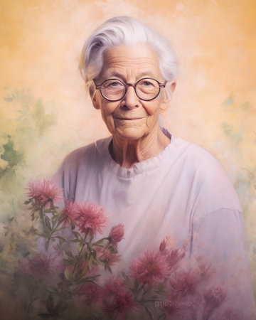 Portrait of an old woman with flowers. Photo in old color image style.の素材