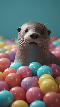Easter eggs and cute little otter. Colorful background.の素材
