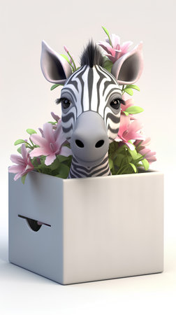 Zebra in a box with flowers on a white background. 3D rendering.の素材