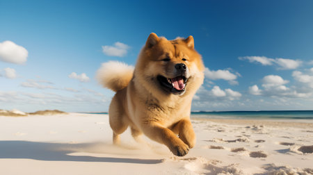 Akita inu dog running on the beach on a sunny dayの素材