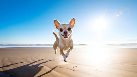 Cute chihuahua dog running on the beach at sunsetの素材
