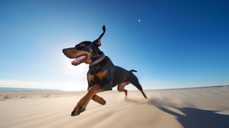 Funny doberman dog running in the desert. 3D renderingの素材