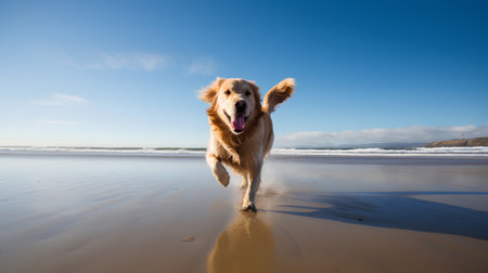 Golden Retriever running on the beach at sunset, golden retrieverの素材