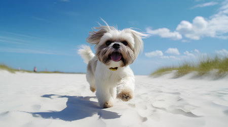 Shih tzu dog running on the beach with blue sky backgroundの素材