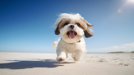 Cute Shih Tzu dog running on the beach with blue skyの素材