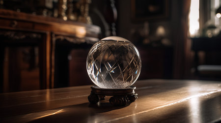 Crystal ball on a wooden table in a room with a beautiful interiorの素材