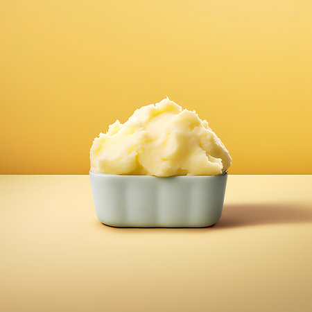 Mashed butter in a white bowl on yellow background. 3d illustrationの素材