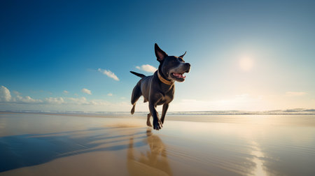 Cute dog running on the beach at sunset. Concept of active lifestyle.の素材