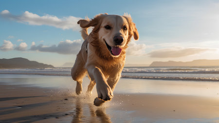 Golden retriever running on the beach at sunset. Concept of active and healthy life.の素材