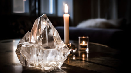 Candle and crystal on the table in the interior of the roomの素材