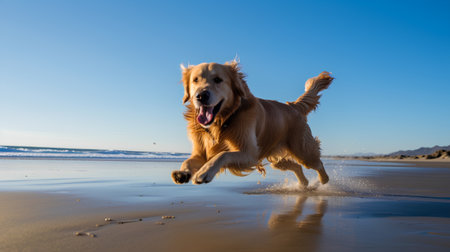 Golden Retriever running on the beach in the morning light.の素材