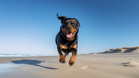 Portrait of a rottweiler dog running on the beachの素材