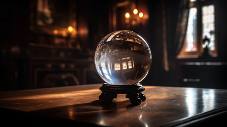 Crystal ball on the table. Magic crystal ball on a dark background.の素材