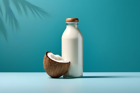 Coconut milk in a bottle on a blue background. 3d renderingの素材