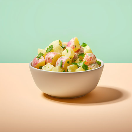 Potato salad with ham, parsley and dill in a bowl on a colorful backgroundの素材