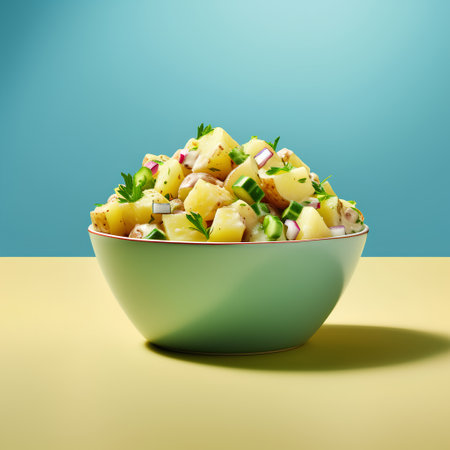 Potato salad in a bowl on a blue background. 3d renderingの素材