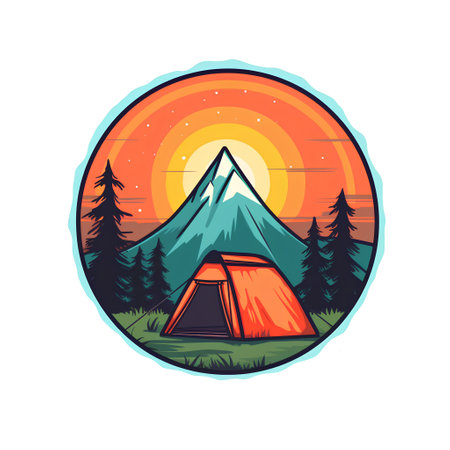Camping logo with a tent in the forest. Vector illustration.の素材