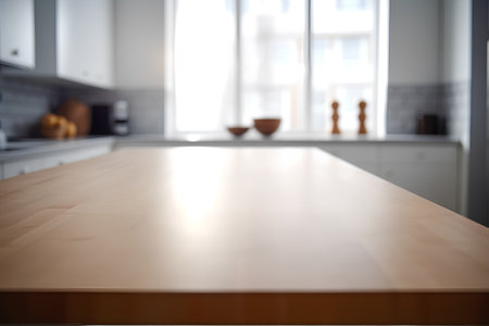 Wooden table in modern kitchen. Blurred background. Selective focus.の素材