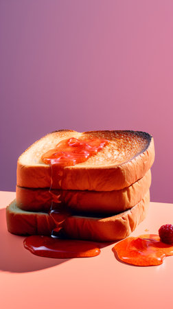 Two toasted bread with strawberry jam on pink and purple background.の素材