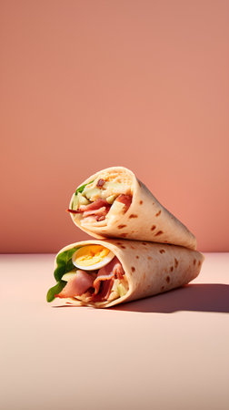 Burrito with ham, cheese, lettuce and egg on a pink backgroundの素材