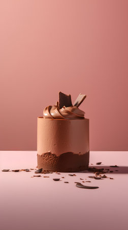 Chocolate cake with cream on pink background. Minimal concept.の素材