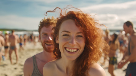 Group of happy friends having fun on the beach on a sunny dayの素材