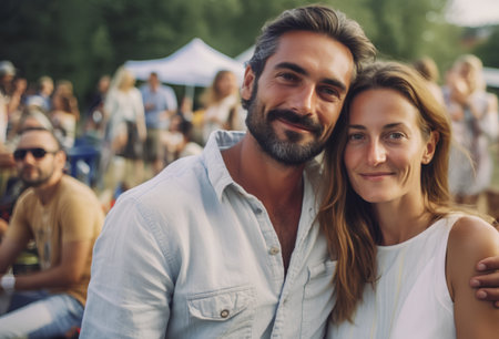 Portrait of a happy couple in front of a music festival.の素材