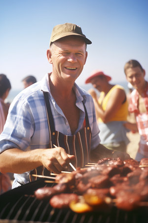 Senior man grilling meat on barbecue grill with friends on the backgroundの素材