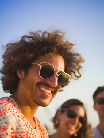 Portrait of young man with curly hair and friends in the backgroundの素材