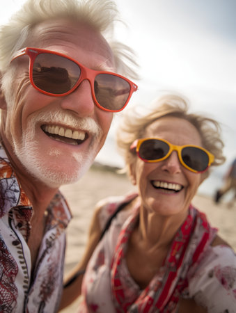 Portrait of senior couple having fun on the beach on a sunny dayの素材