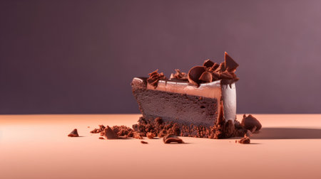 Piece of chocolate cake with chocolate glaze on a pink backgroundの素材