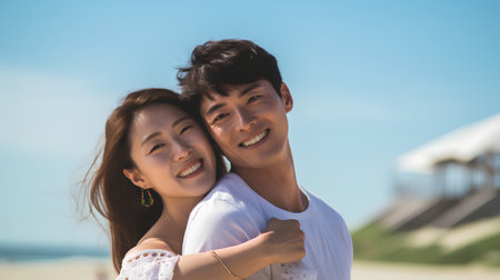 Portrait of happy young asian couple embracing and laughing together on the beachの素材