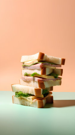 stack of sandwiches with ham, cheese and herbs on green and orange backgroundの素材