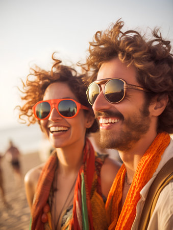 Portrait of happy young couple having fun on the beach at sunsetの素材