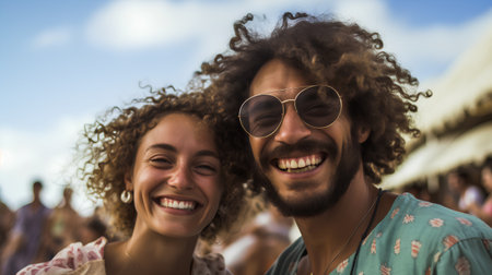 Portrait of a young couple having fun at a music festival.の素材