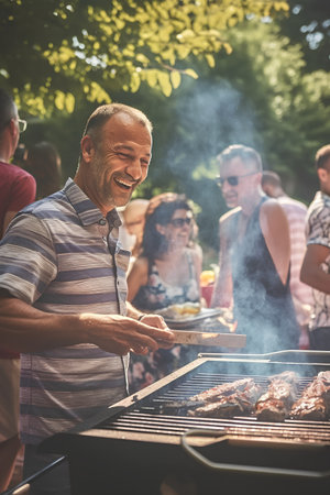 Cheerful senior man having barbecue party outdoors. He is smiling and looking at camera.の素材