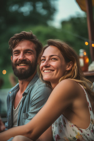 Portrait of a happy young couple having fun at a rooftop partyの素材
