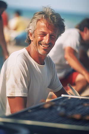 Portrait of senior man having barbecue on the beach with his friendsの素材