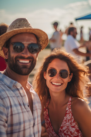 Portrait of a happy young couple in sunglasses on the beach.の素材