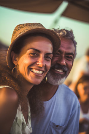 Portrait of a happy couple at a music festival on the beachの素材