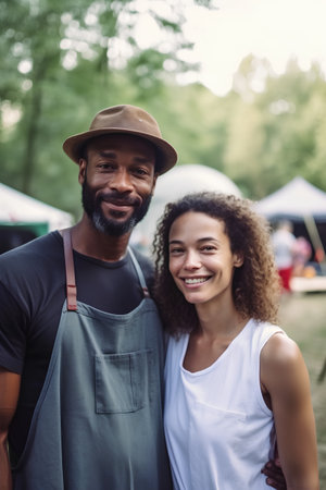 Portrait of a happy African American couple standing together at a music festivalの素材