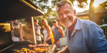 Group of friends having barbecue party on a sunny day. Cheerful senior man grilling sausages on barbecue grill.の素材