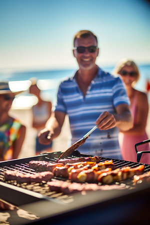 summer, holidays, celebration and people concept - close up of friends having barbecue on beachの素材